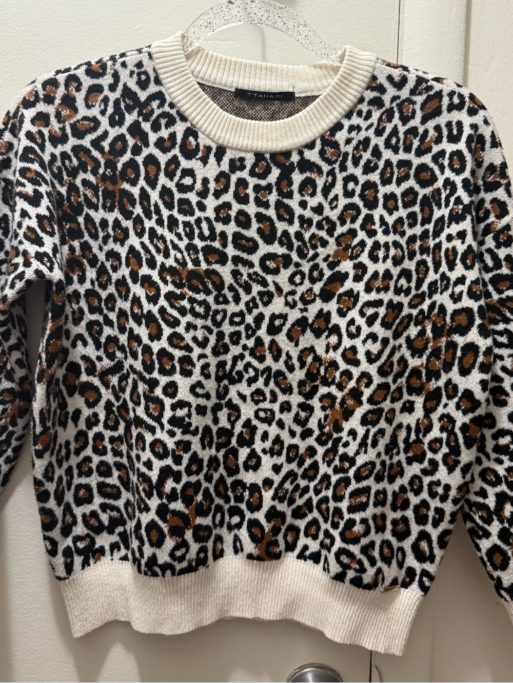T Tahari Cream Leopard Print Crewneck Sweater with Brown and Black Spots